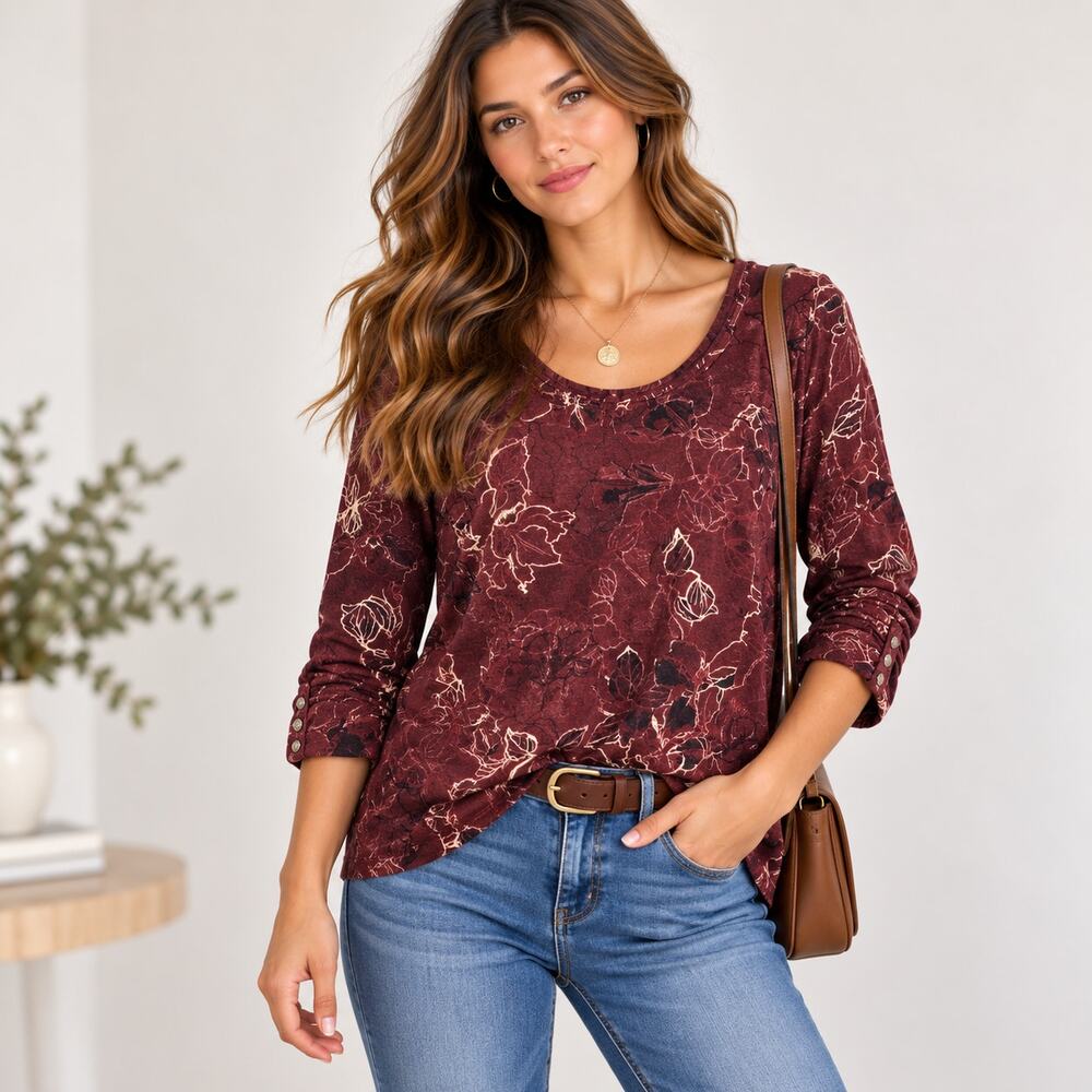 Susan Graver Weekend Long Sleeve Top Women's Size XL Burgundy Floral Casual